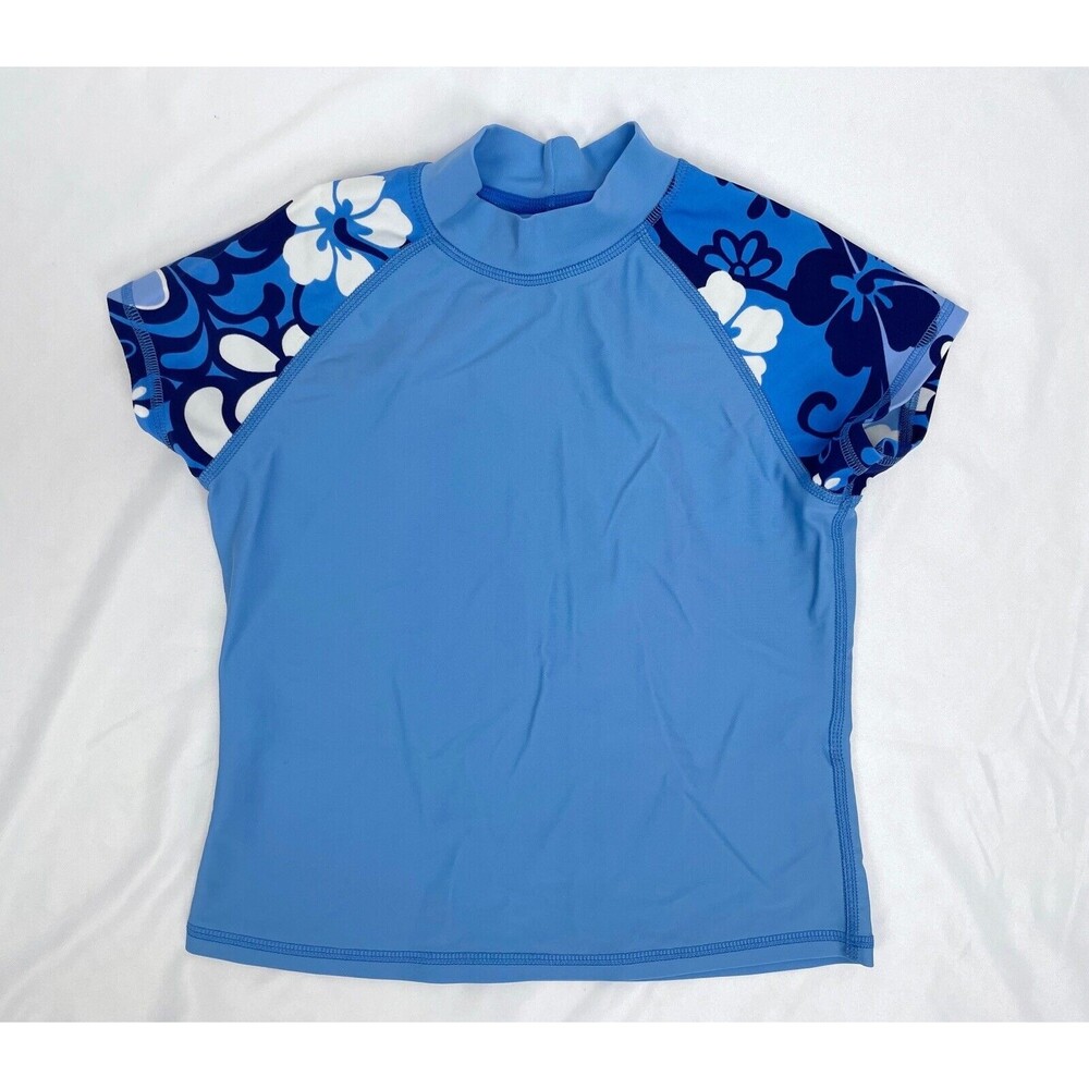 L.L.‎ Bean Blue Size 8 Girl Rash Guard Swim Top Short Sleeves Floral